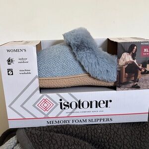 Isotoner Women's Cozy Blue and Tan Slippers